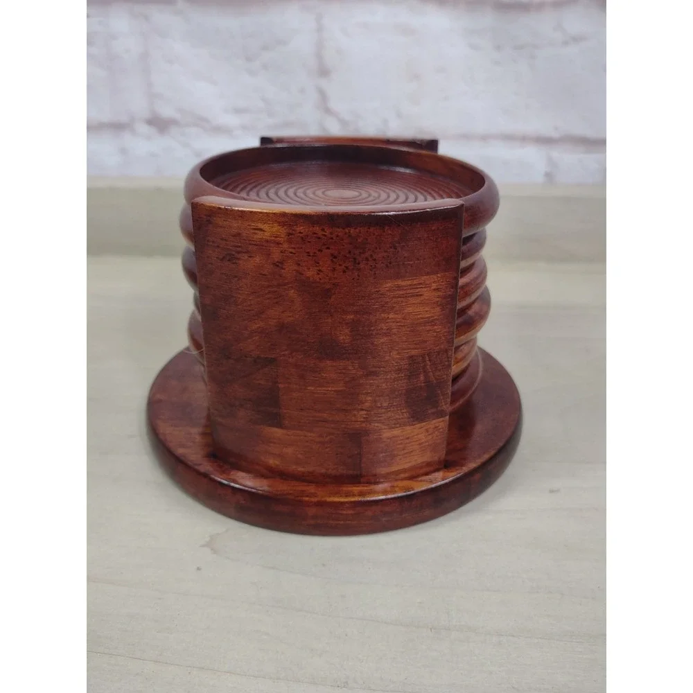 VTG MCM 6 Piece Set Rosewood Coasters W/ Matching Holder Glossy Home Decor